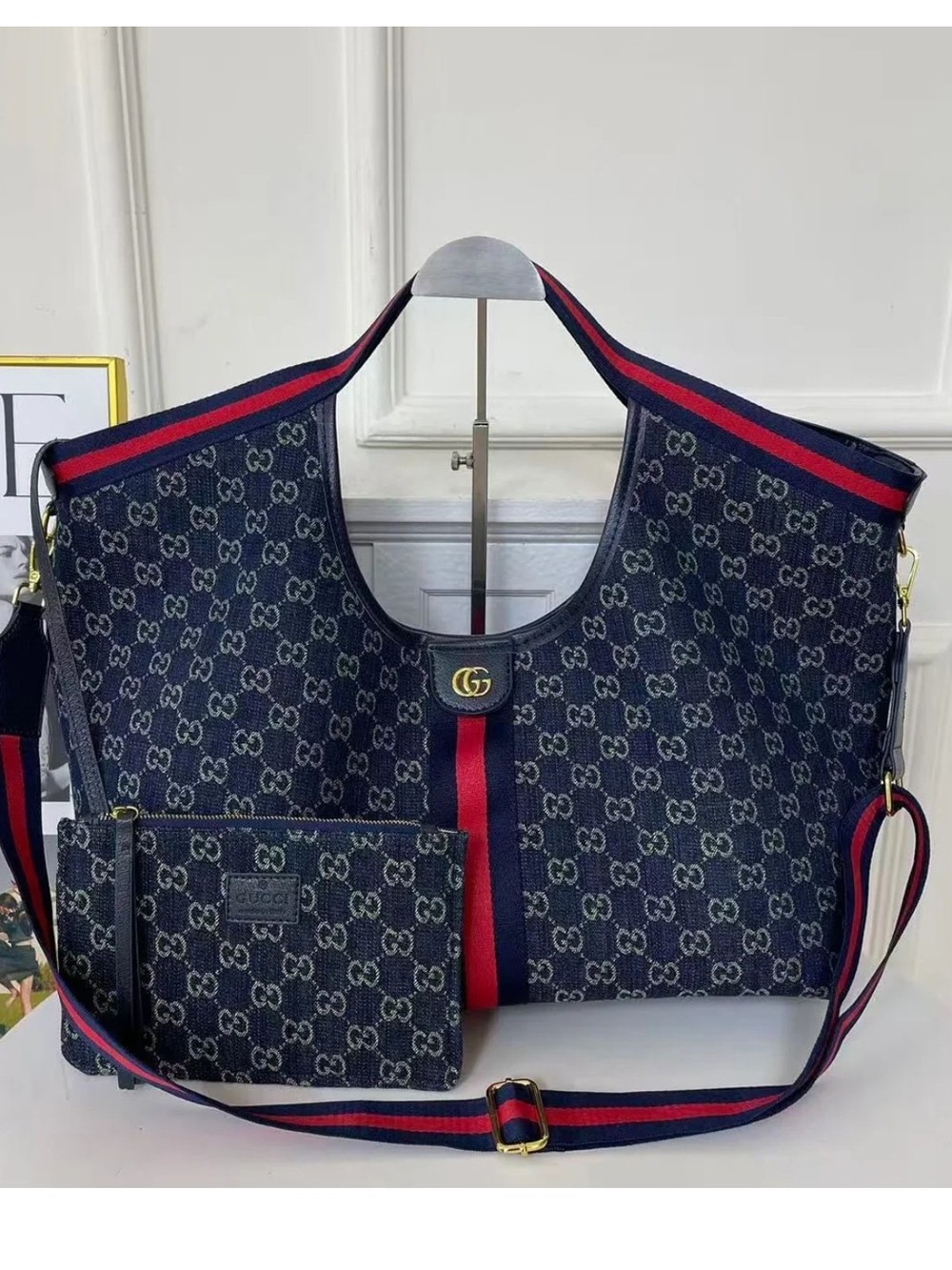 Blue GG Denim Shoulder Bag with Red Web Stripe